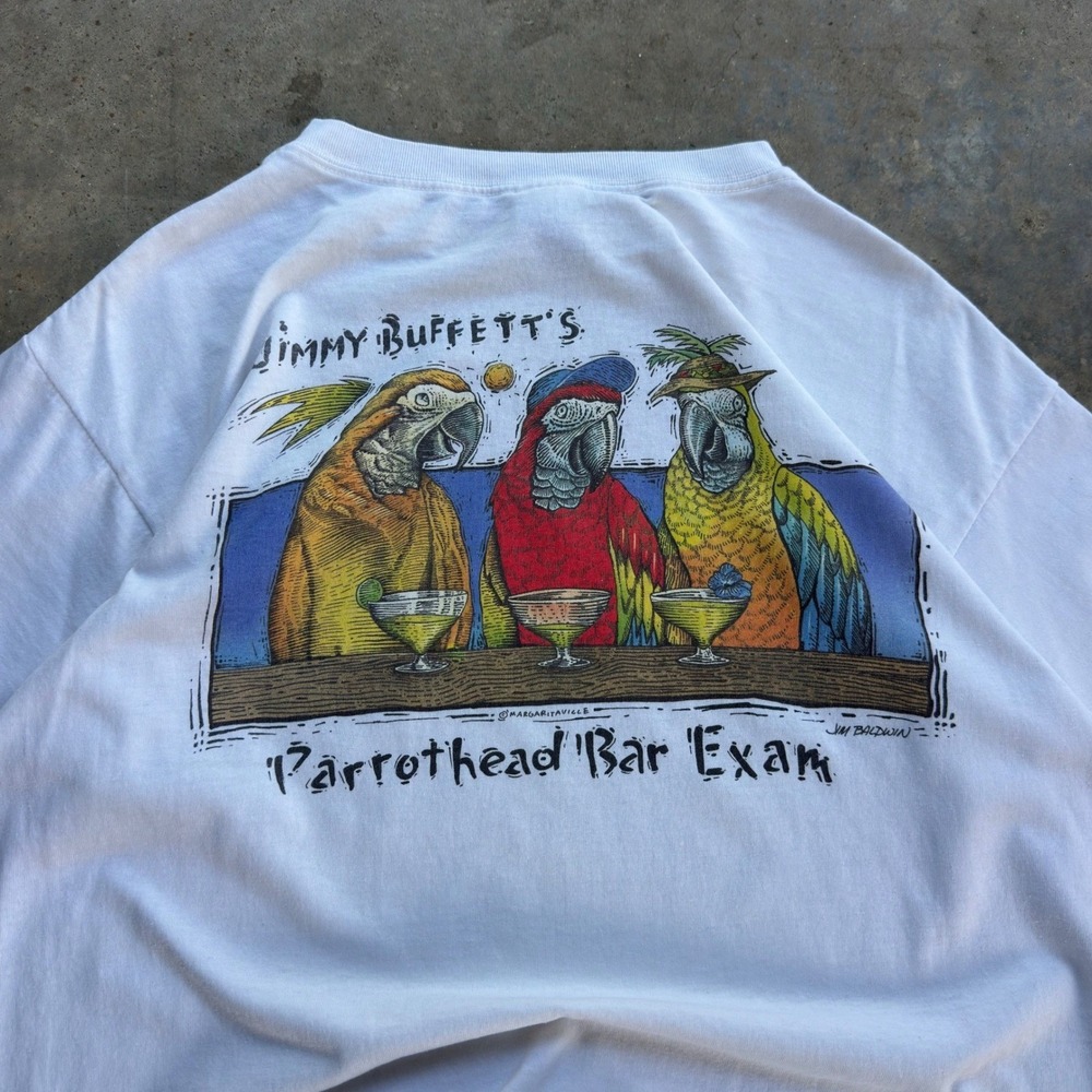 Vintage 90s Jimmy Buffett Parrot Head Bar Exam Graphic T-Shirt White Large (d12)